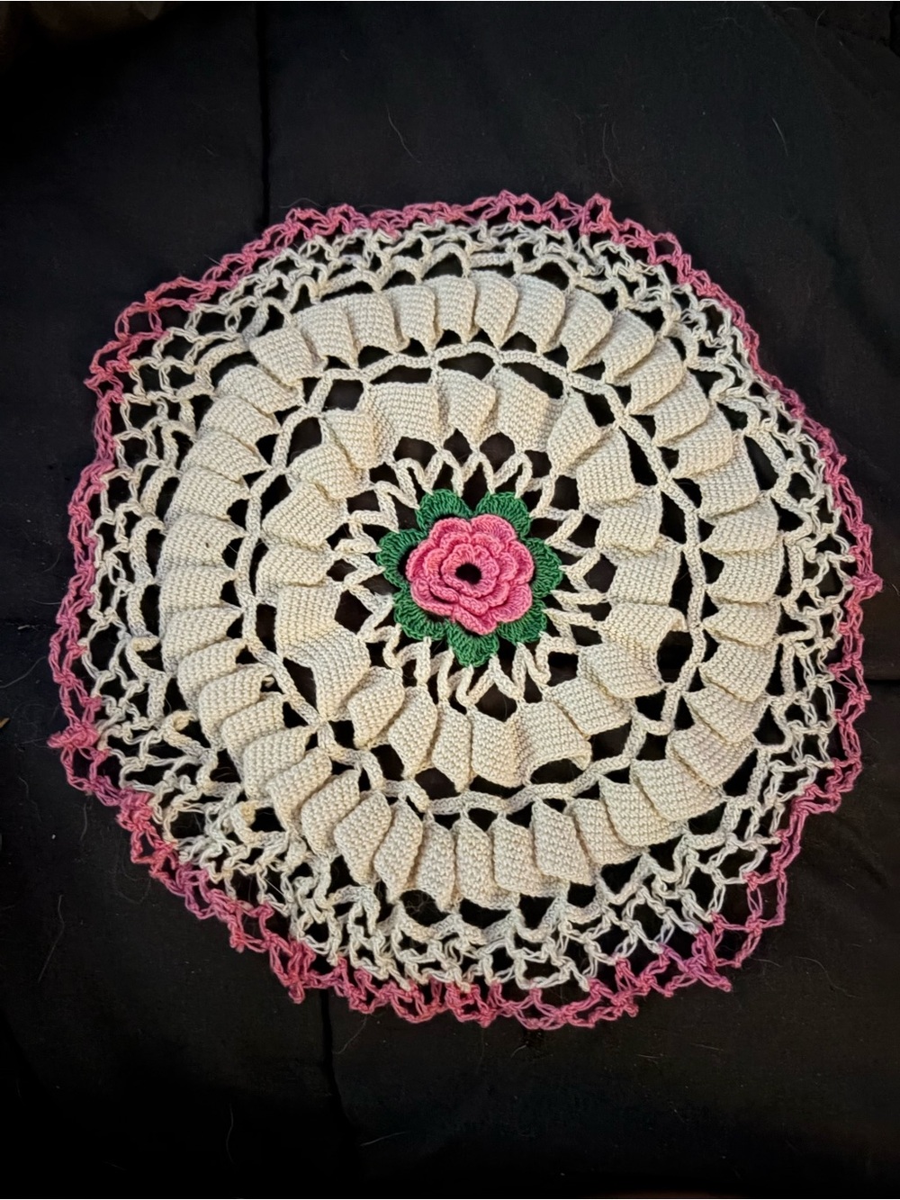 Handmade Crochet Doily with Pink Rose and Green Leaves